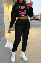 Black Pattern Printed Velvet Hooded&Cotton Tank Jogger Pants Sports Sets HG152-1