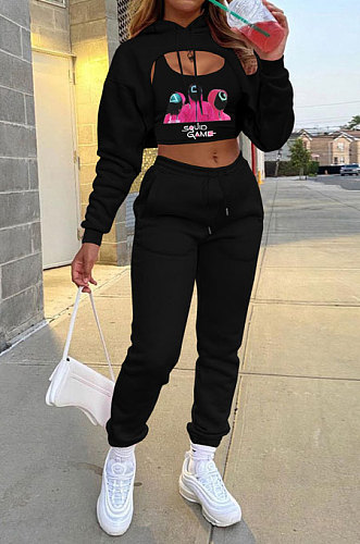 Black Pattern Printed Velvet Hooded&Cotton Tank Jogger Pants Sports Sets HG152-1