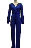 Blue High Quality Women's Puff Sleeve V Collat Collect Waist Solid Color Jumpsuits SMR10749-2