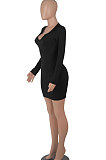 Black Women Long Sleeve Casual Solid Color V Collar Tight Mid Waist Mini Dress WMZ2667-1
