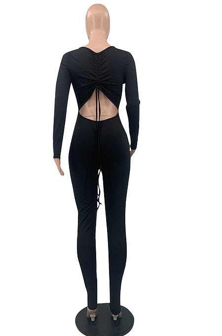 Wine Red Sexy Long Sleeve Back Tighten The Belt Solid Color Bodycon Jumpsuits QSS51053-5