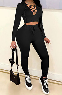 Black Women Autumn Winter Fashion Pure Color Long Sleeve Bandage Hollow Out Sexy Pants Sets WMZ2672-1