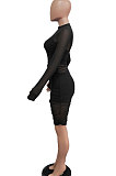 Black Euramerican Club Lady Mesh Spaghetti Tank Shorts Round Collar Pullover Ruffle Mini Dress Three Pieces WMZ2482-1