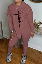 Brown Women Euramerican Autumn Fahion Printing Hoodie Top Irregular Sport Pants Sets AJK9024-3