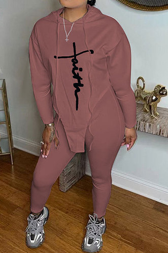 Brown Women Euramerican Autumn Fahion Printing Hoodie Top Irregular Sport Pants Sets AJK9024-3