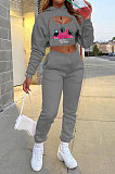 Light Grey Pattern Printed Velvet Hooded&Cotton Tank Jogger Pants Sports Sets HG152-2