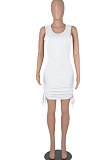 Black Women Round Collar Bodycon Drawsting Sleeveless Ruffle Knit Fashion Mini Dress WMZ2678-1