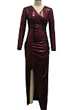 Green High Quality Hot Stamping Long Sleeve Deep V Neck High Slit Elegant Dress SMR10747-1