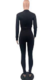 Grey Cotton Blend Zipper Long Sleeve Pencil Pants Slim Fitting Sets QSS51052-3