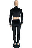 Black Night Club Mesh Spliced Velvet Long Sleeve Skinny Pants Solid Color Sets JG061