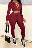 Black Women Autumn Winter Fashion Pure Color Long Sleeve Bandage Hollow Out Sexy Pants Sets WMZ2672-1