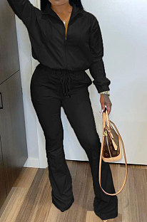 Black Simple New Long Sleeve Zip Front Tops Flare Pants Plain Color Sets HG1511-4
