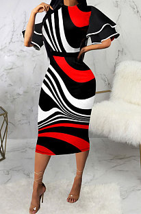 Red Digital Printed Ruffle Sleeve Round Neck Elegant For Party Wrap Dress SMR10721-2