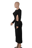 Black Women Solid Color Sexy Long Sleeve Backless Round Collar Pullover Elastic Waist Long Dress WMZ2675-1