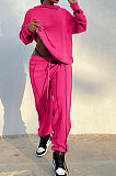 Rose Red Women Individuality Loose Bandage Long Hoodie Solid Color Pants Sets QMQ7068-2