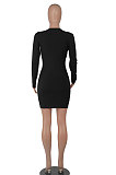 Khaki Women Long Sleeve Casual Solid Color V Collar Tight Mid Waist Mini Dress WMZ2667-4
