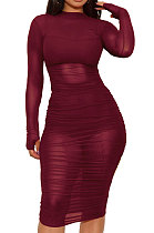 Wine Red Euramerican Club Lady Mesh Spaghetti Tank Shorts Round Collar Pullover Ruffle Mini Dress Three Pieces WMZ2482-2