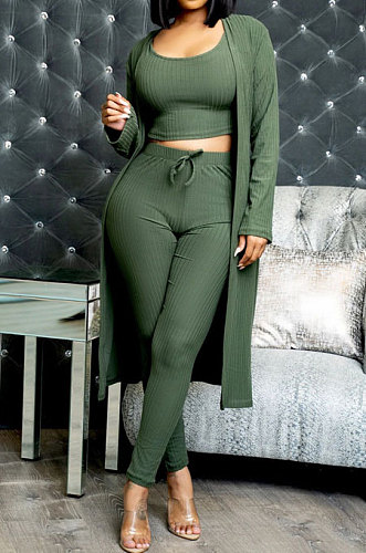 Army Green High Elastic Ribber Tank&Cardigan Coat Pencil Pants Three Piece ARM8312-3
