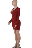 Khaki Women Long Sleeve Casual Solid Color V Collar Tight Mid Waist Mini Dress WMZ2667-4