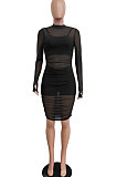 Black Euramerican Club Lady Mesh Spaghetti Tank Shorts Round Collar Pullover Ruffle Mini Dress Three Pieces WMZ2482-1