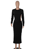 Black Women Solid Color Sexy Long Sleeve Backless Round Collar Pullover Elastic Waist Long Dress WMZ2675-1