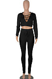 Wine Red Women Autumn Winter Fashion Pure Color Long Sleeve Bandage Hollow Out Sexy Pants Sets WMZ2672-3