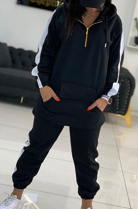 Blue Personality Sports Spliced Long Sleeve Hooded Jogger Pants Sets YX9299-2