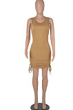 Black Women Round Collar Bodycon Drawsting Sleeveless Ruffle Knit Fashion Mini Dress WMZ2678-1