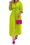 Orange Women Long Sleeve Solid Color Turn-Down Collar Casual Long Waistband T Shirt/Shirt Dress YZ7079 -1