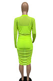 Neon Green Euramerican Club Lady Mesh Spaghetti Tank Shorts Round Collar Pullover Ruffle Mini Dress Three Pieces WMZ2482-7