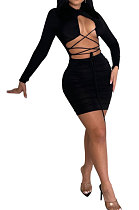 Black Women Long Sleeve Pure Color Sexy Bandage Strapless Hollow Out Mini Dress WMZ2679-1