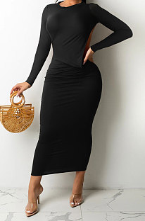 Black Women Solid Color Sexy Long Sleeve Backless Round Collar Pullover Elastic Waist Long Dress WMZ2675-1