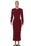 Army Green Women Solid Color Sexy Long Sleeve Backless Round Collar Pullover Elastic Waist Long Dress WMZ2675-4