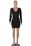 Khaki Women Long Sleeve Casual Solid Color V Collar Tight Mid Waist Mini Dress WMZ2667-4