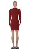 Khaki Women Long Sleeve Casual Solid Color V Collar Tight Mid Waist Mini Dress WMZ2667-4