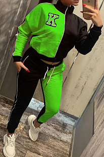 Neon Green Casual Women's Letter Color Matching Long Sleeve Jogger Sports Sets HHM6531-2