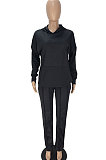Black Women Individuality Loose Bandage Long Hoodie Solid Color Pants Sets QMQ7068-1