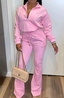 Pink Simple New Long Sleeve Zip Front Tops Flare Pants Plain Color Sets HG1511-3
