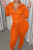 Orange Cotton Blend Zipper Long Sleeve Pencil Pants Slim Fitting Sets QSS51052-4