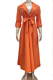 Orange Women Long Sleeve Solid Color Turn-Down Collar Casual Long Waistband T Shirt/Shirt Dress YZ7079 -1