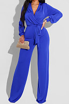 Blue High Quality Women's Puff Sleeve V Collat Collect Waist Solid Color Jumpsuits SMR10749-2