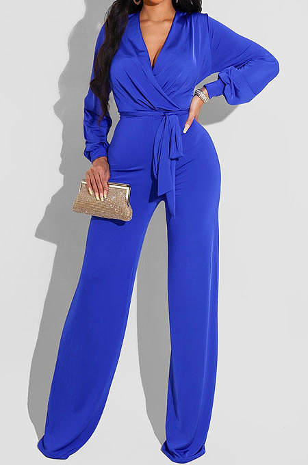 Blue High Quality Women's Puff Sleeve V Collat Collect Waist Solid Color Jumpsuits SMR10749-2
