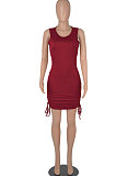 Black Women Round Collar Bodycon Drawsting Sleeveless Ruffle Knit Fashion Mini Dress WMZ2678-1