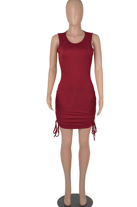 Black Women Round Collar Bodycon Drawsting Sleeveless Ruffle Knit Fashion Mini Dress WMZ2678-1