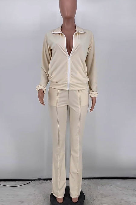 Black Simple New Long Sleeve Zip Front Tops Flare Pants Plain Color Sets HG1511-4