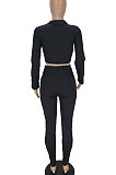 Black Women Pure Color Bandage Crop Long Sleeve Long Panst Sets QMQ7067-1