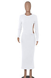 Army Green Women Solid Color Sexy Long Sleeve Backless Round Collar Pullover Elastic Waist Long Dress WMZ2675-4