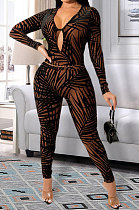 Brown Euramerican Women Autumn Sexy Trendy Leaves Printing Hollow Out Pants Sets SH7289-2