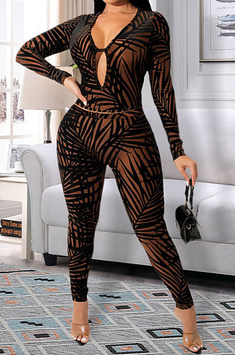 Brown Euramerican Women Autumn Sexy Trendy Leaves Printing Hollow Out Pants Sets SH7289-2