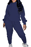 Navy Blue Casual Long Sleeve Oblique Neck Hoodie Jogger Pants Sports Sets S66318-1